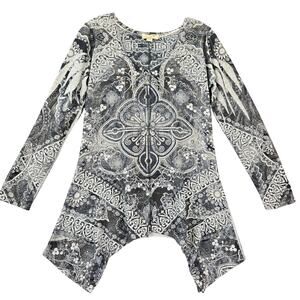 One World Gray Shirt Stretch Studded Floral 3/4 Sleeve Asymmetrical Women Size M
